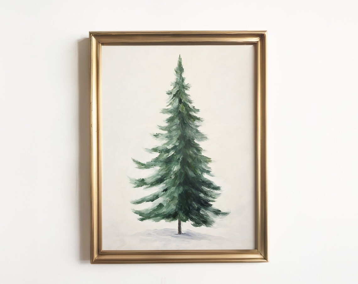 Evergreen Tree Print, Vintage Winter Landscape