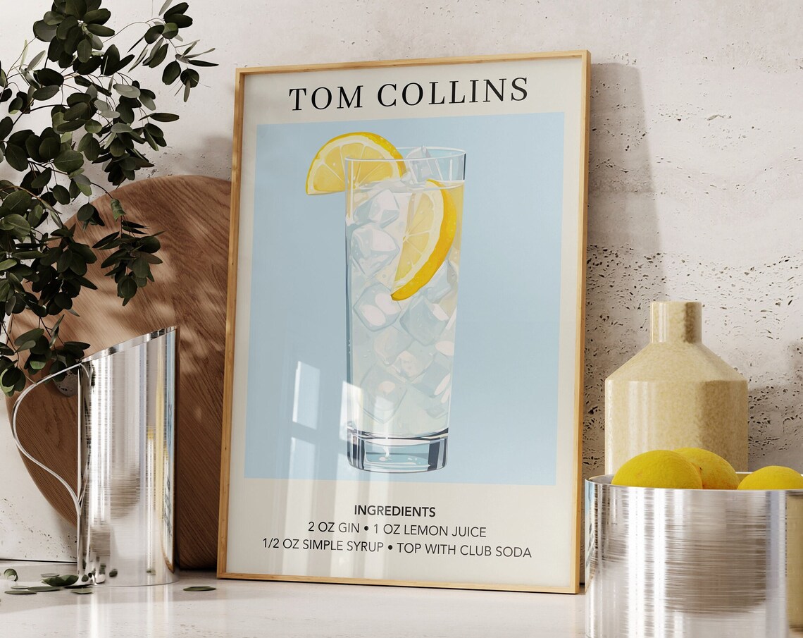 Tom Collins Watercolor Retro Cocktail Art Print