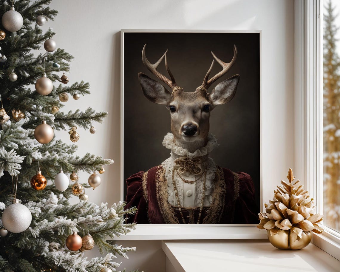 Victorian Deer Portrait Antlered Lady Regal Gown Holiday Art Poster