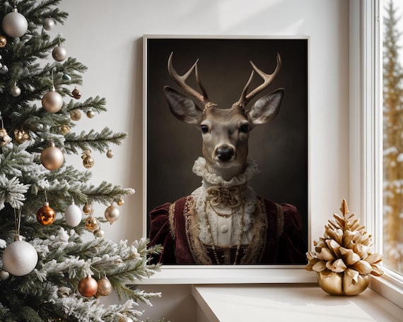 Victorian Deer Portrait Antlered Lady Regal Gown Holiday Art Poster
