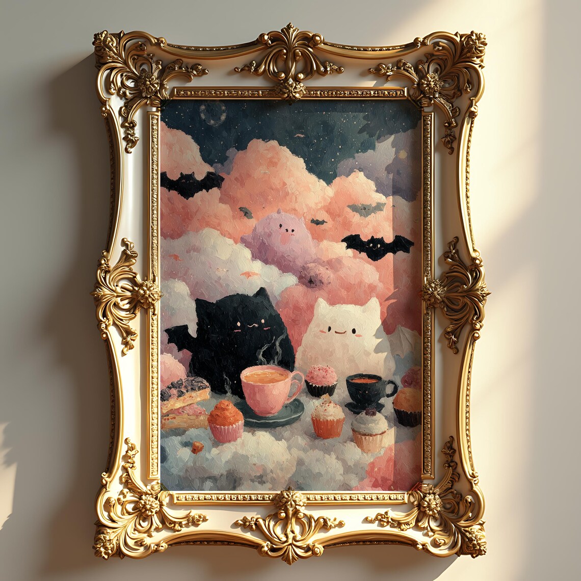 Pastel Goth Ghosts Tea Party Halloween Art Moody Fall Decor Whimsical Oil Painting Rustic Autumn Wall Gothic Style 338