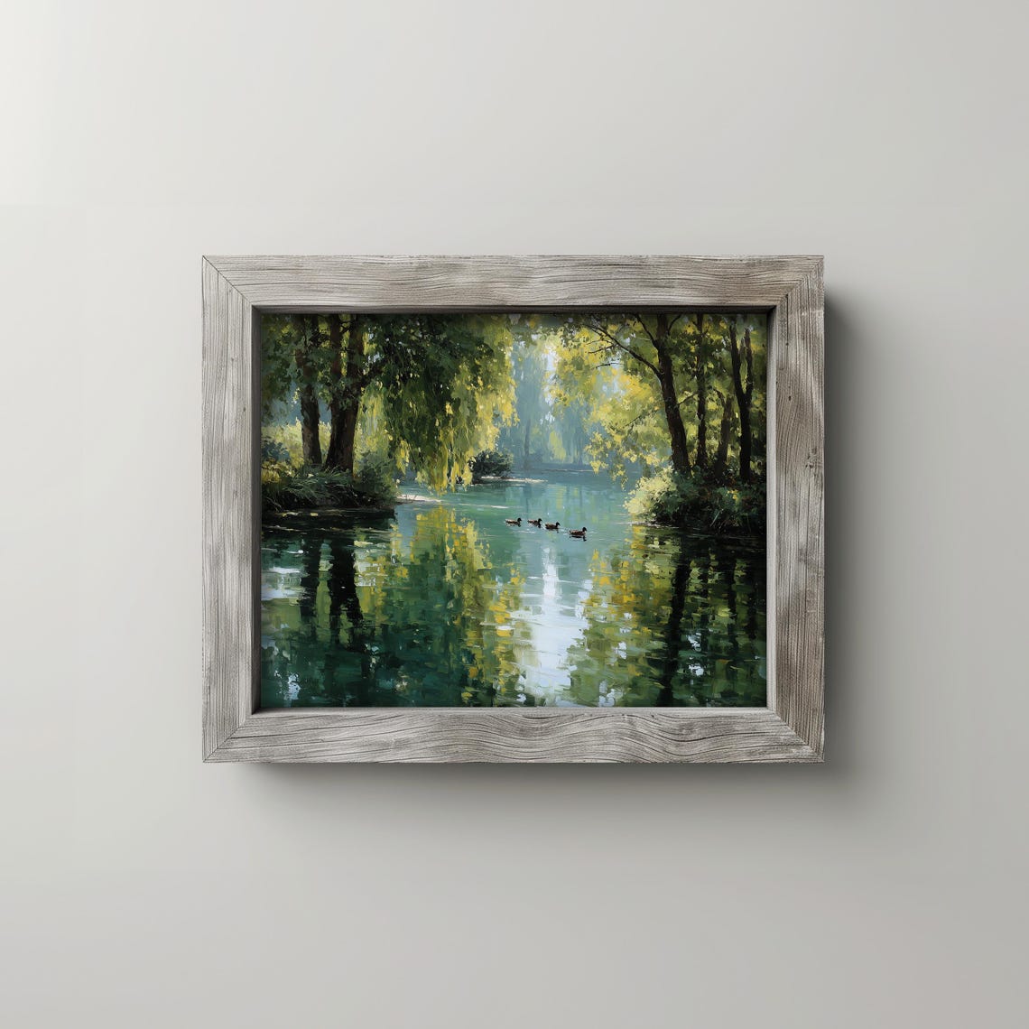 Peaceful Duck Pond Oil Painting Ducks Gliding on Still Water Poster