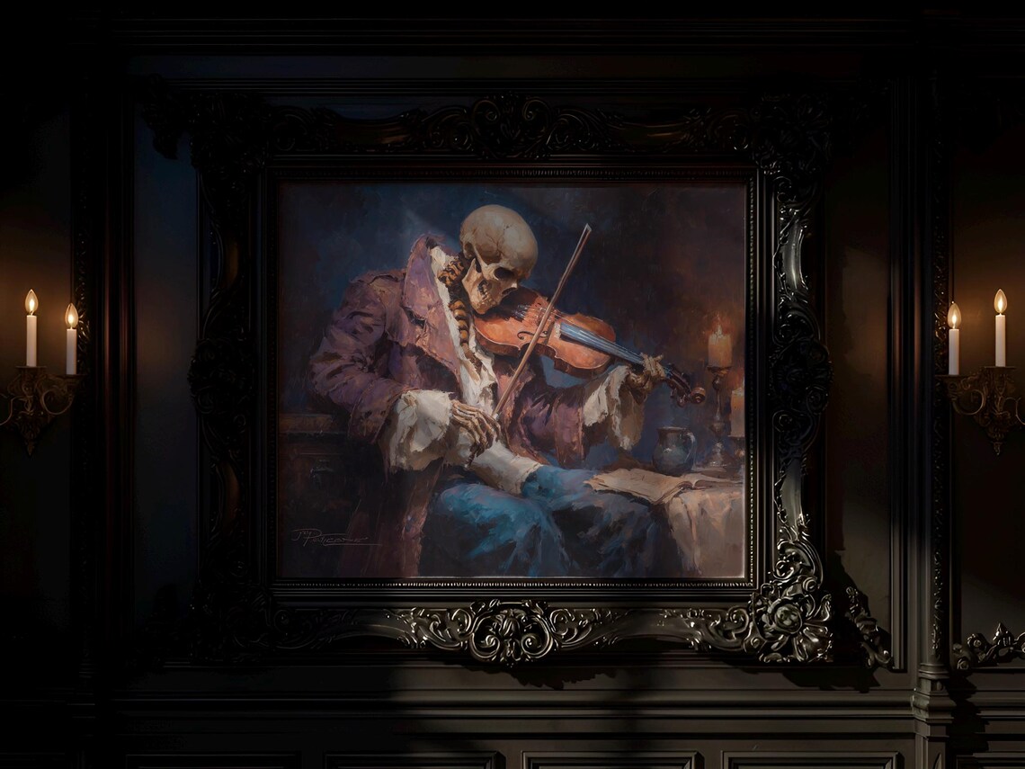 Skeleton Violinist Moody Vintage Oil Painting Dark Classical Print