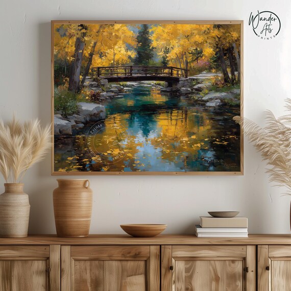 Vintage Wooden Bridge Over Stream Rustic Landscape Art Autumn Forest Scene Moody Countryside Wall Decor Painting 393