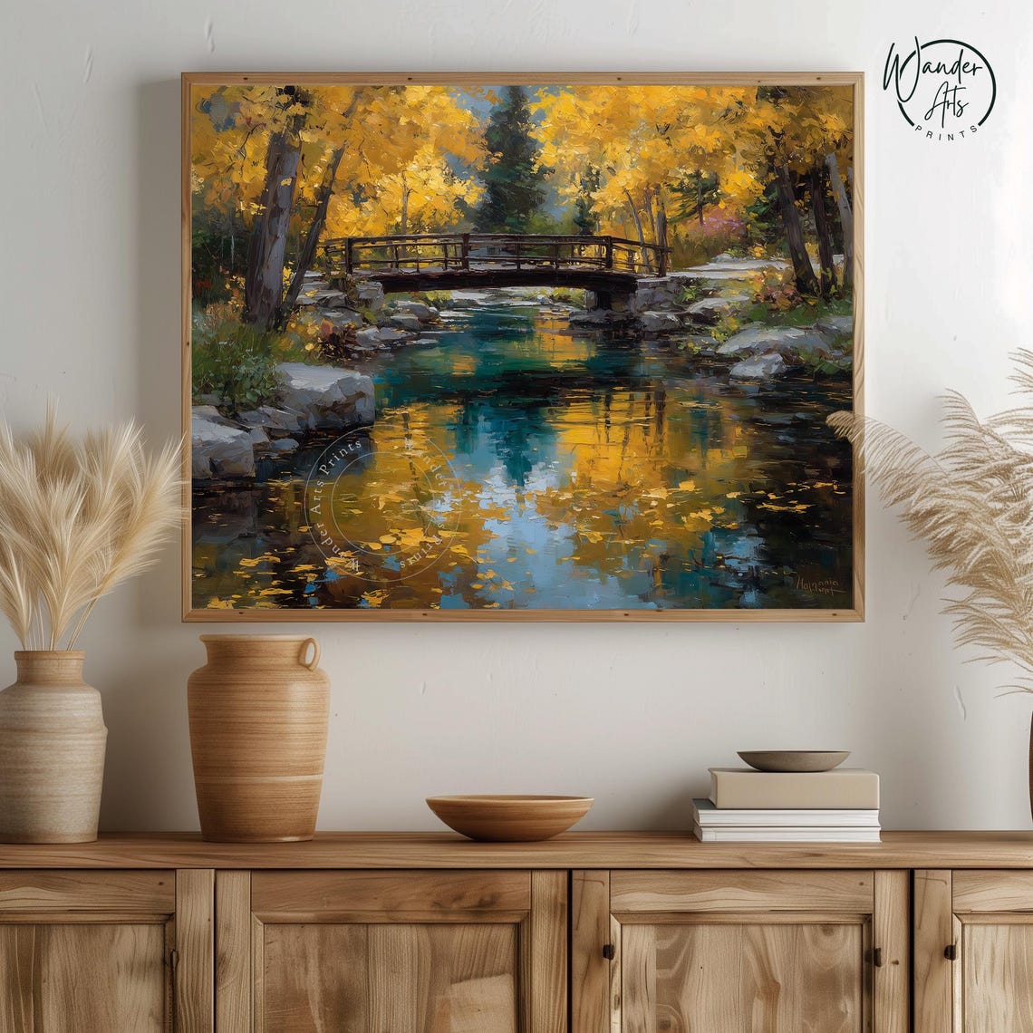 Rustic Wooden Bridge Over Autumn Stream Golden Forest Landscape Poster