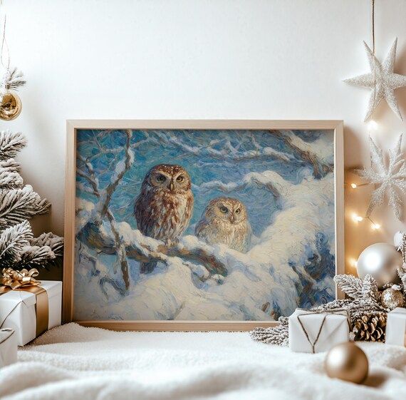 Winter Owl Pair Perched on Snowy Forest Branch Painting Poster