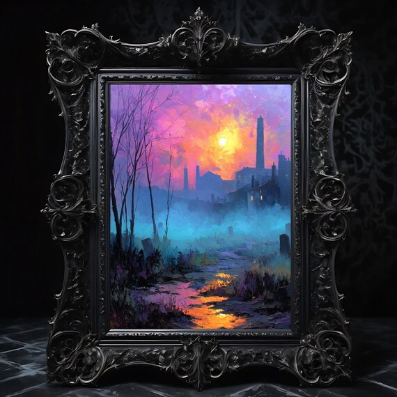 Moody Halloween Wall Art Foggy Graveyard Midnight Scene Rustic Autumn Decor Vintage Spooky Gothic Painting Print 170