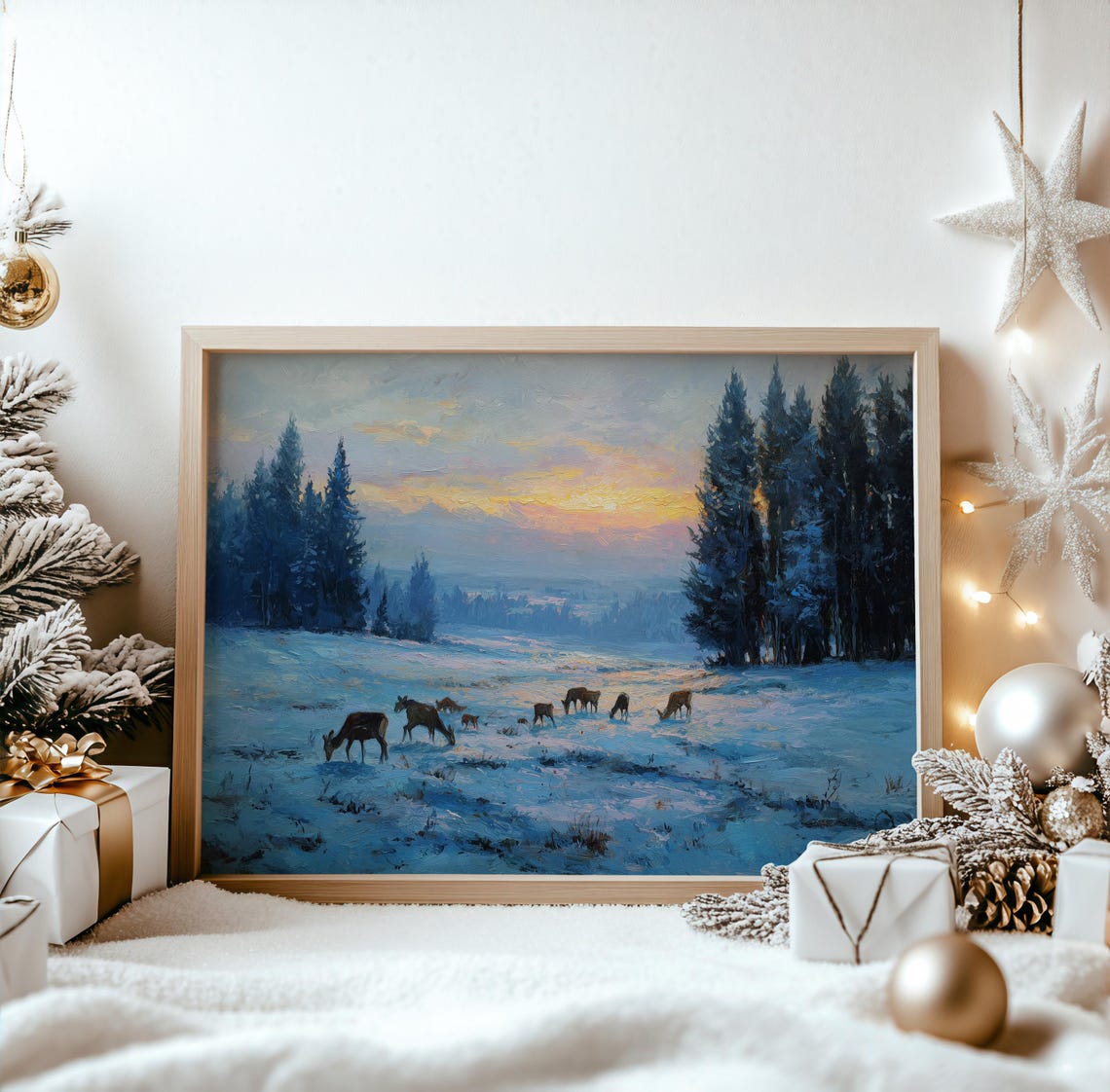 Deer Herd Grazing In Snowy Winter Meadow Sunset Pine Forest Poster