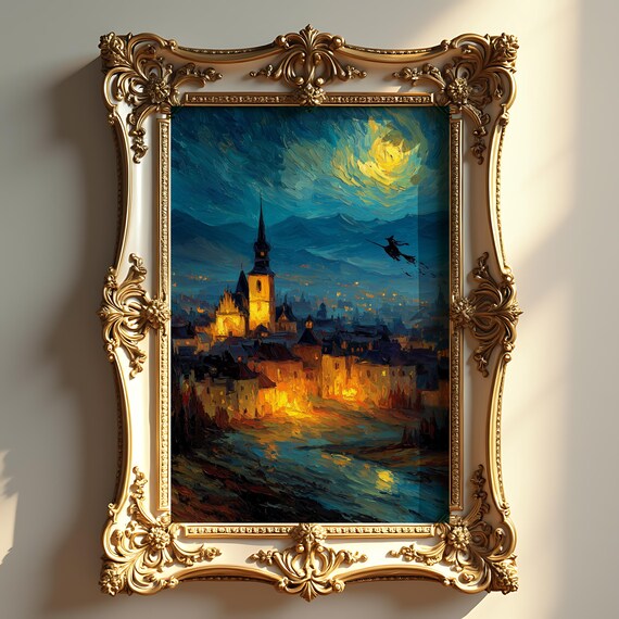 Gothic Autumn Witch In Moonlit Landscape Painting Halloween Wall Art Enchanted Evening Decor Spooky Cottage Scene 326