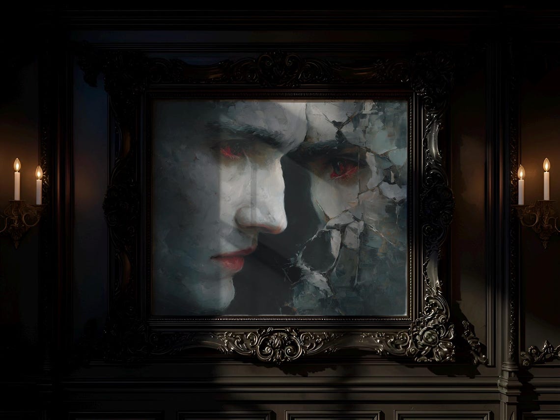 Vampire Portrait Red Eyes Gothic Oil Painting Dark Moody Wall Art