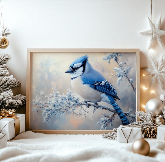 Blue Jay Frosted Winter Branch Snowy Bird Christmas Painting Poster