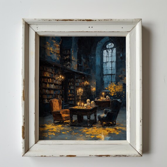 Dark Academia Library Oil Painting Autumn Art Moody Gothic Decor Vintage Scene Cozy Fall Wall 257