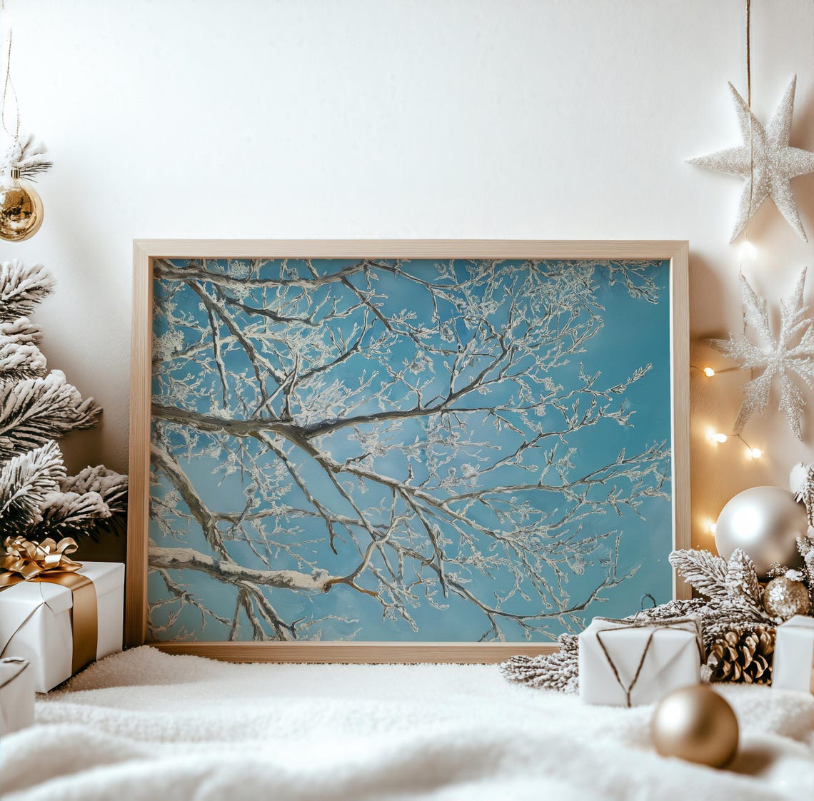 Snow Frosted Branches Winter Scene Rustic Christmas Nature Poster