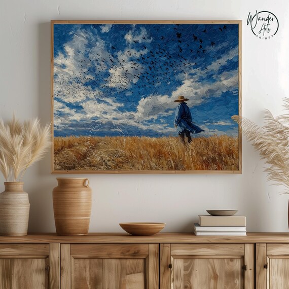 Rustic Scarecrow In Wheat Field Painting Moody Autumn Landscape Earthy Wall Art Harvest Decor Vintage Country Scene 42
