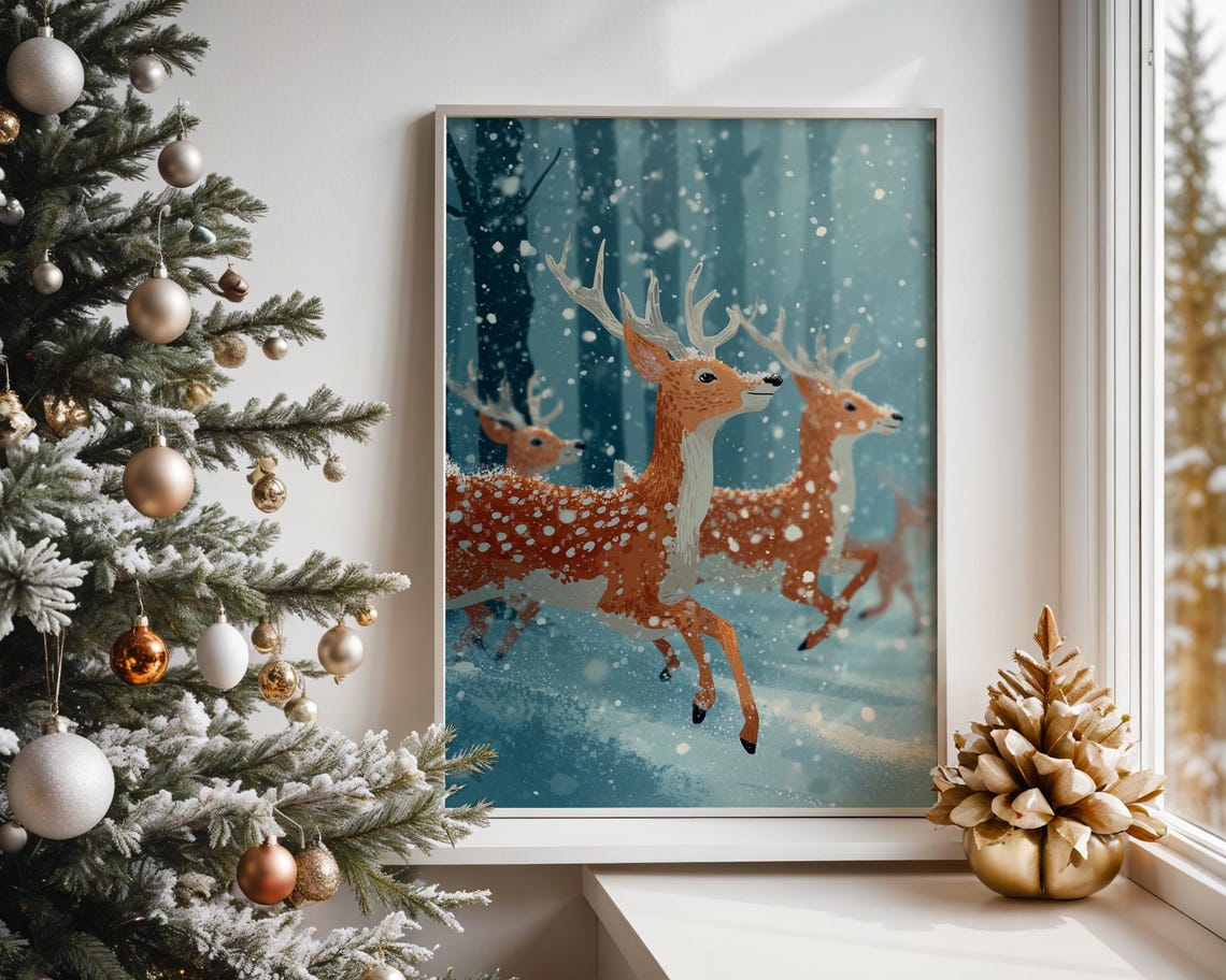 Spotted Deer Herd Running Through Snowy Blue Forest Christmas Poster