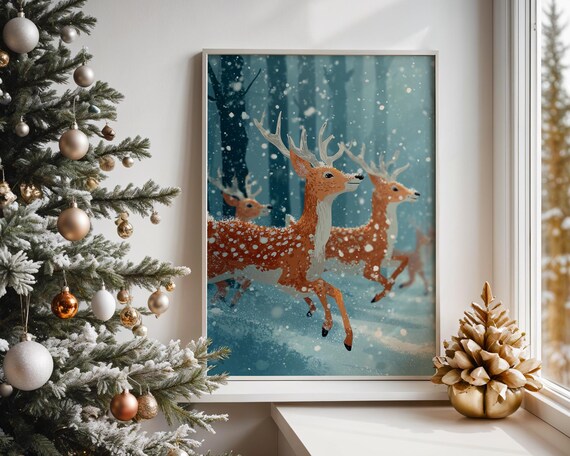 Spotted Deer Herd Running Through Snowy Blue Forest Christmas Poster
