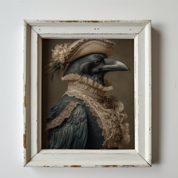 Victorian Crow Portrait Print Rustic Autumn Wall Art Moody Fall Decor Halloween Gothic Bird Artwork Vintage Painting 252