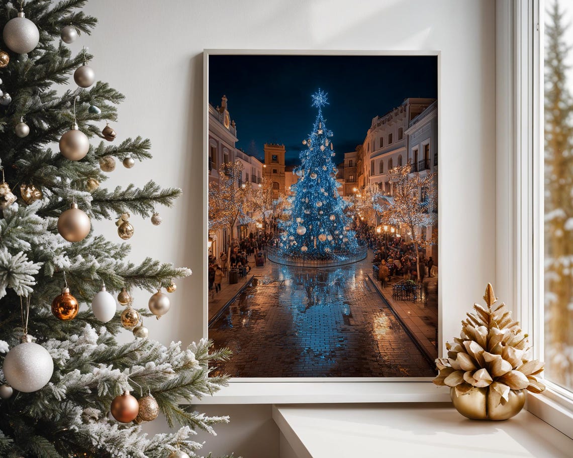 Sparkling Christmas Tree City Square Night Festive Holiday Art Print