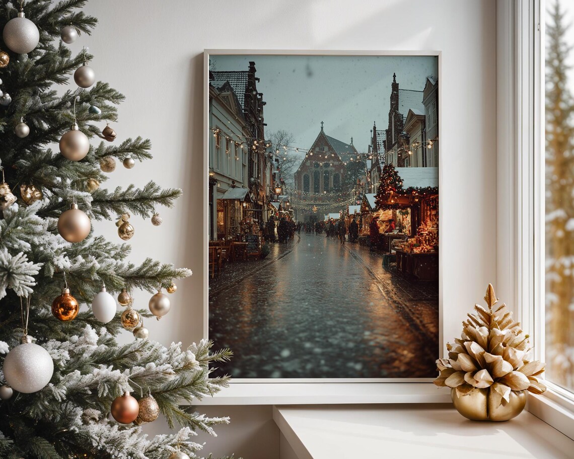 Snowy European Christmas Market Street With Old Church Poster