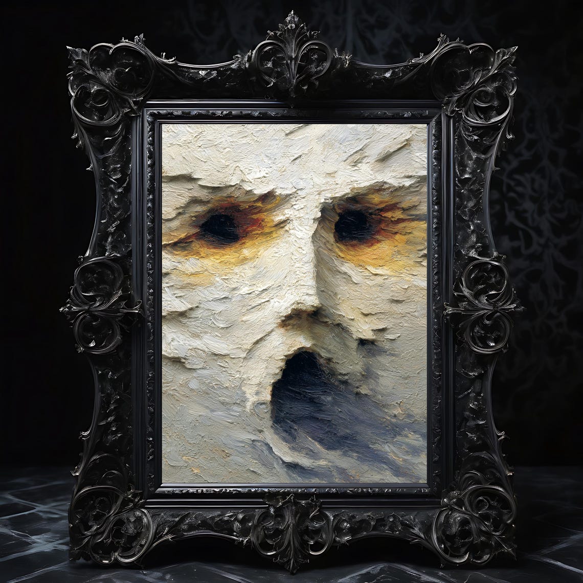 Ghostly Screaming Face Abstract Oil Texture White Haunting Art Poster