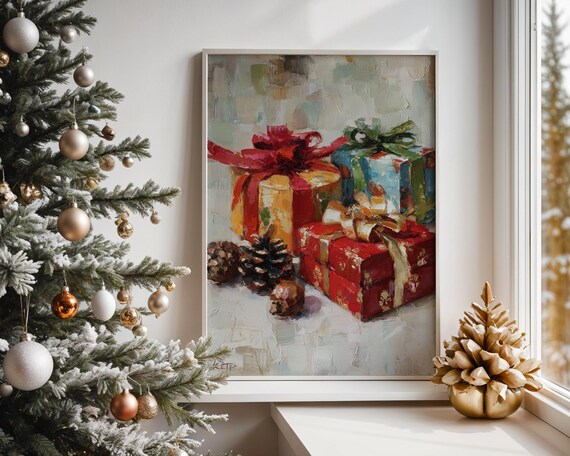 Wrapped Christmas Gifts Pinecones Still Life Oil Painting Print