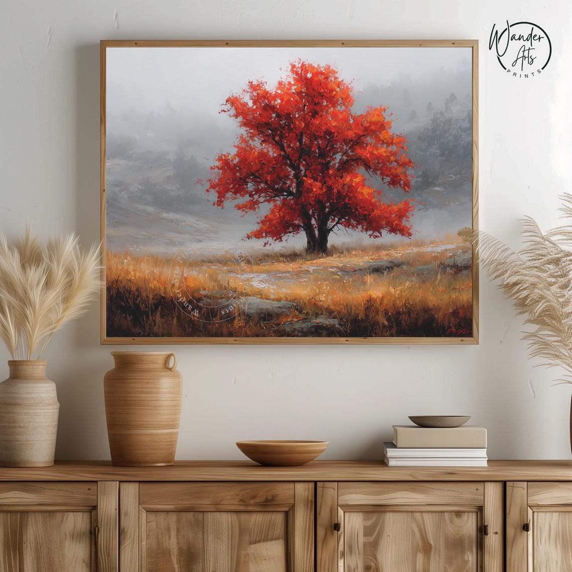 Solitary Red Oak Tree Misty Autumn Field Rustic Landscape Poster
