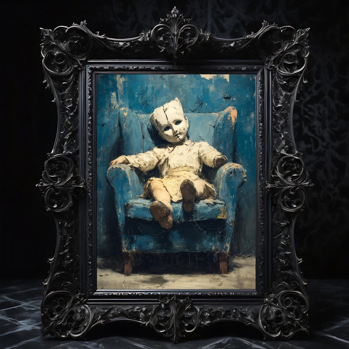 Cracked Porcelain Doll Blue Armchair Creepy Vintage Gothic Wall Art