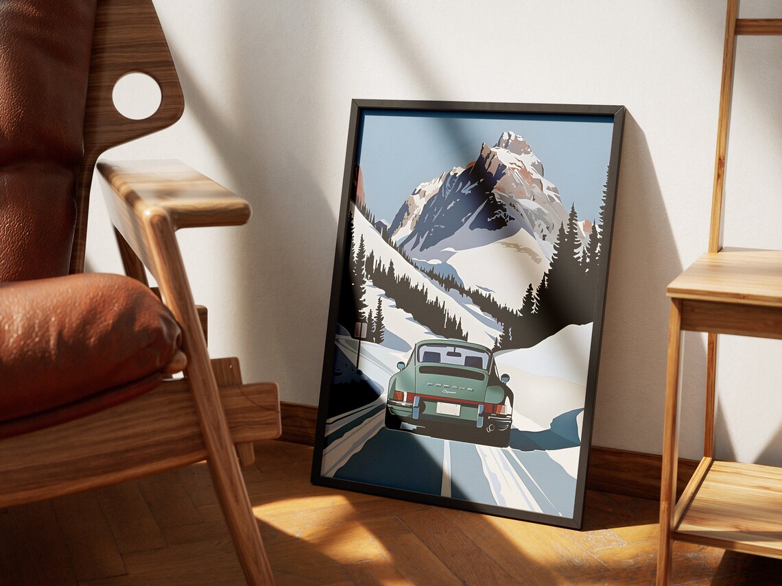 Porsche 911 Carrera Snowy Alpine Mountain Road Vintage Poster - Image 3