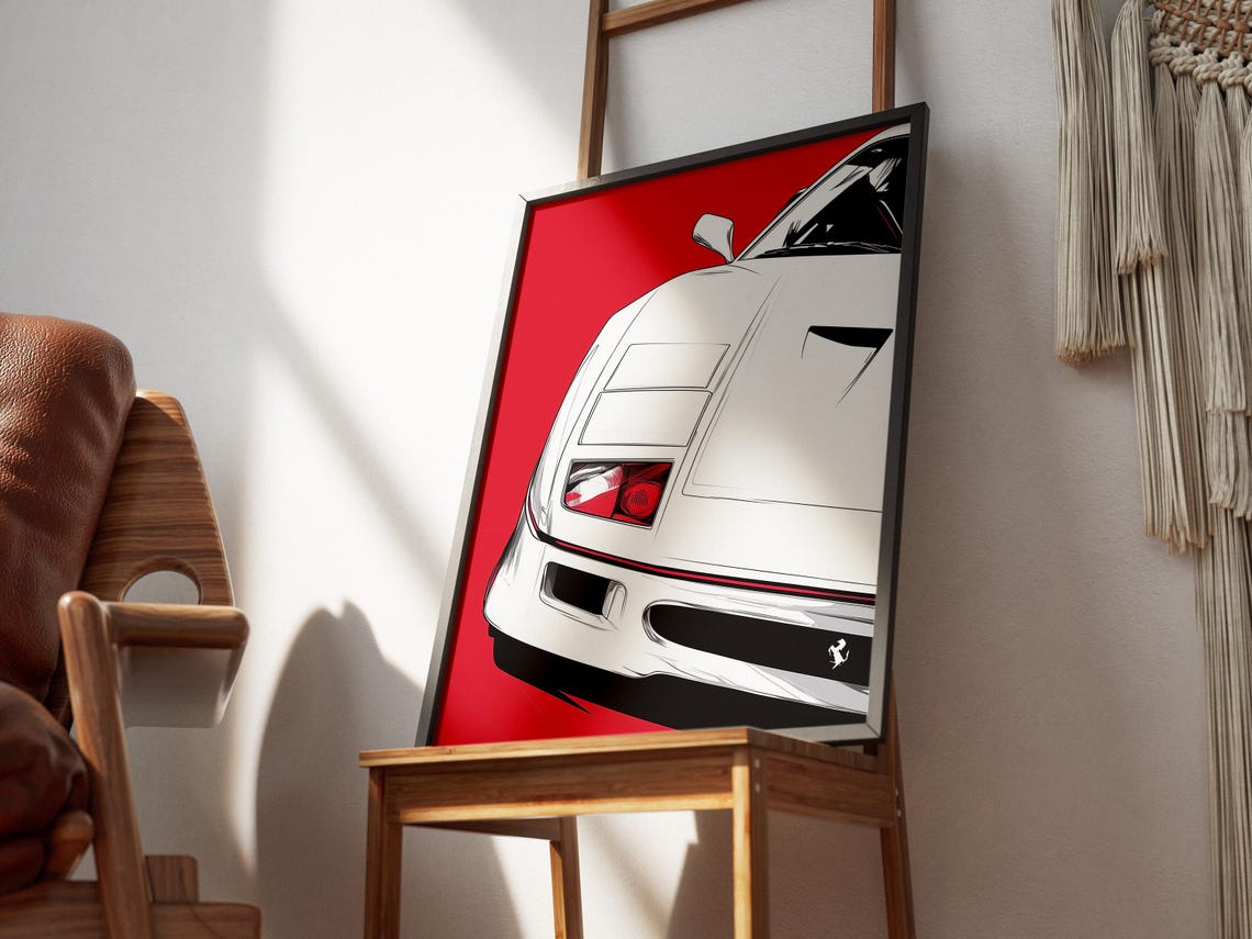 White Ferrari F40 Front Close-Up Red Background Modern Poster - Image 3