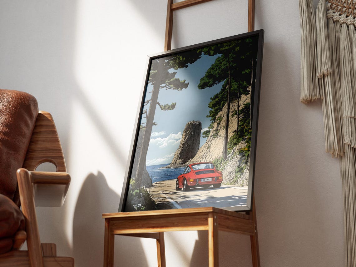Red Porsche 911 Rocky Seaside Coast Road Drive Adventure Poster - Image 3