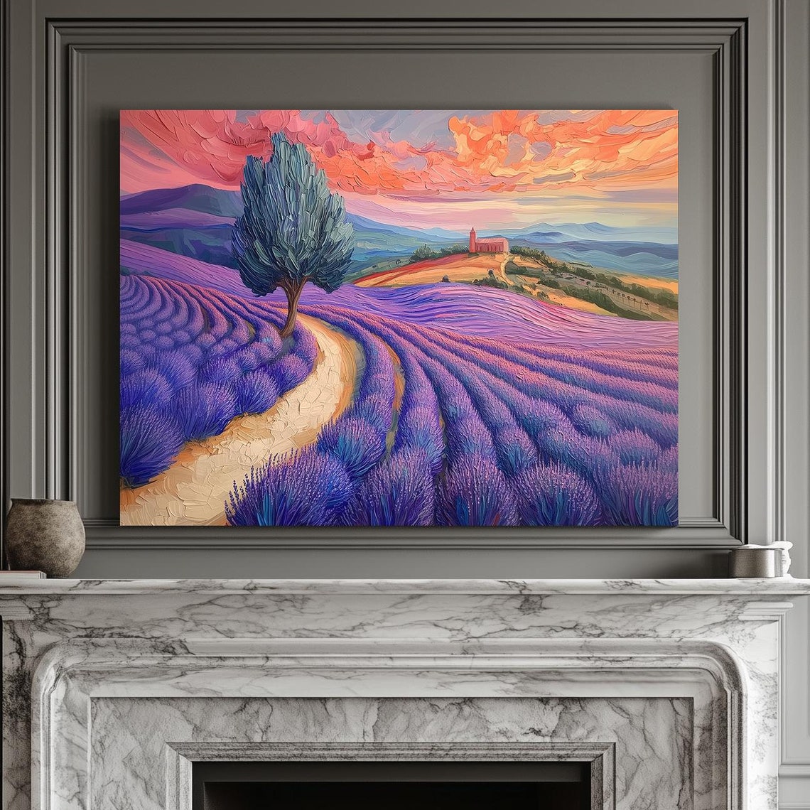 Lavender Rows Curving Around a Lone Tree Under a Rosy Sunset Poster