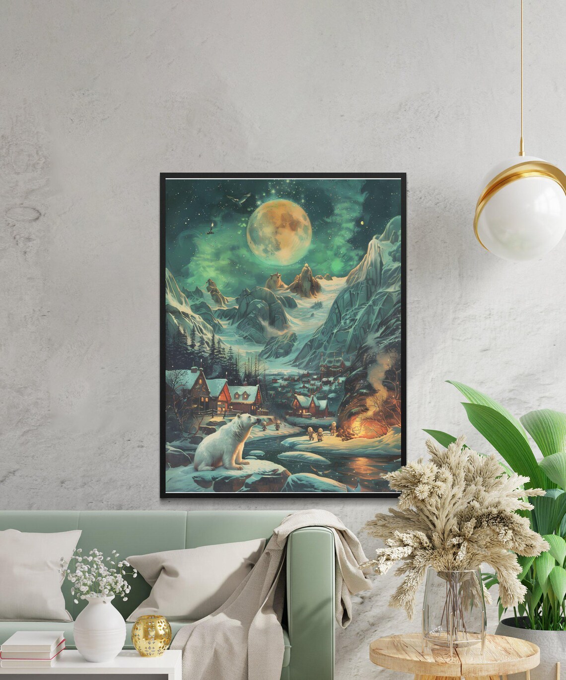 Polar Bear Under a Giant Moon in a Snowy Arctic Village Print - Image 3