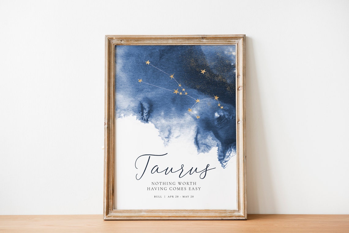 Taurus Zodiac Gold Star Constellation Navy Watercolor Horoscope Poster