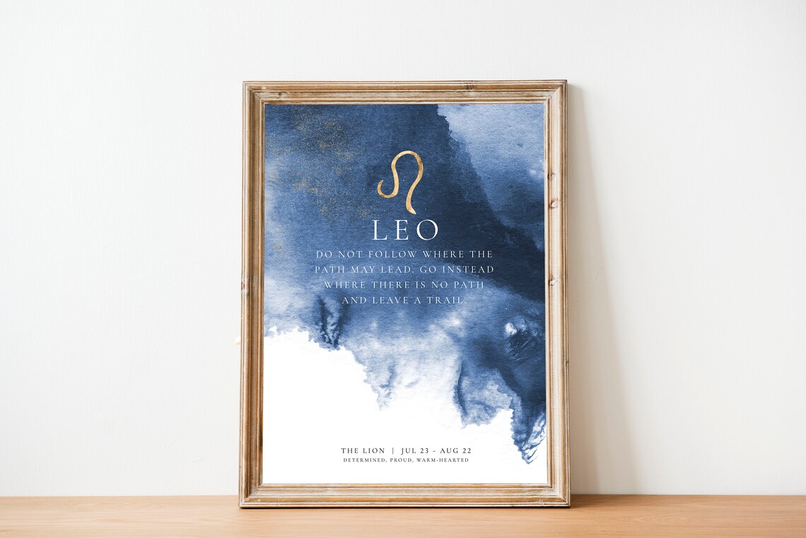 Leo Zodiac Gold Symbol Navy Watercolor Leave A Trail Quote Wall Print