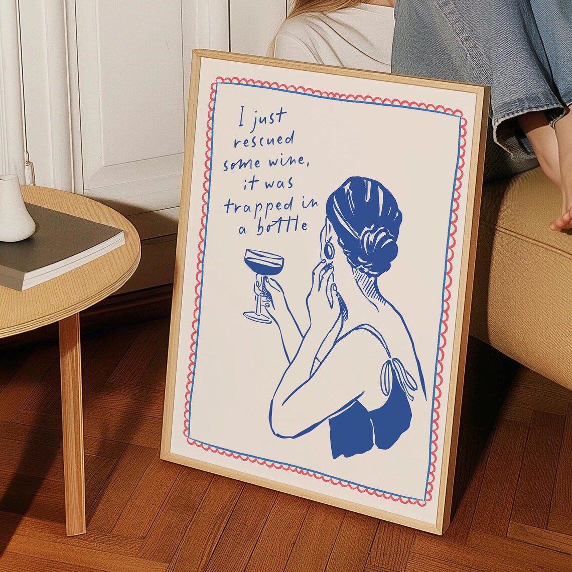 Funny Wine Rescue Quote Blue Line Art Woman Kitchen Wall Art Print - Image 5