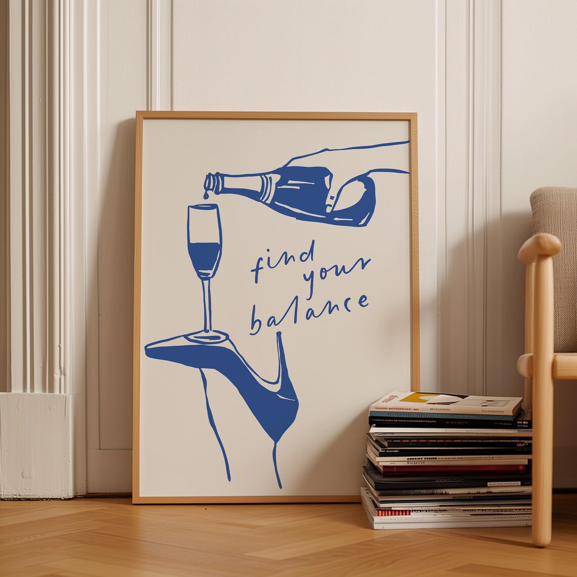 Find Your Balance Wine Pouring Blue Sketch Retro Minimal Wall Poster