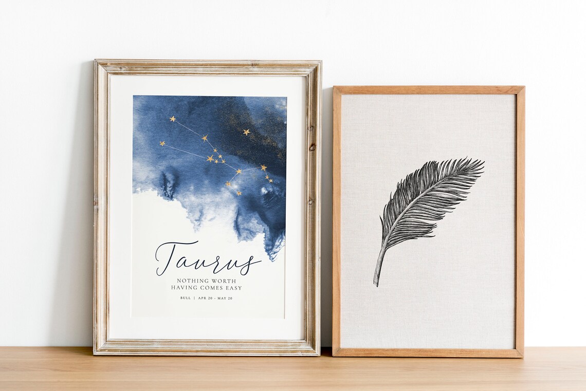Taurus Zodiac Gold Star Constellation Navy Watercolor Horoscope Poster - Image 2