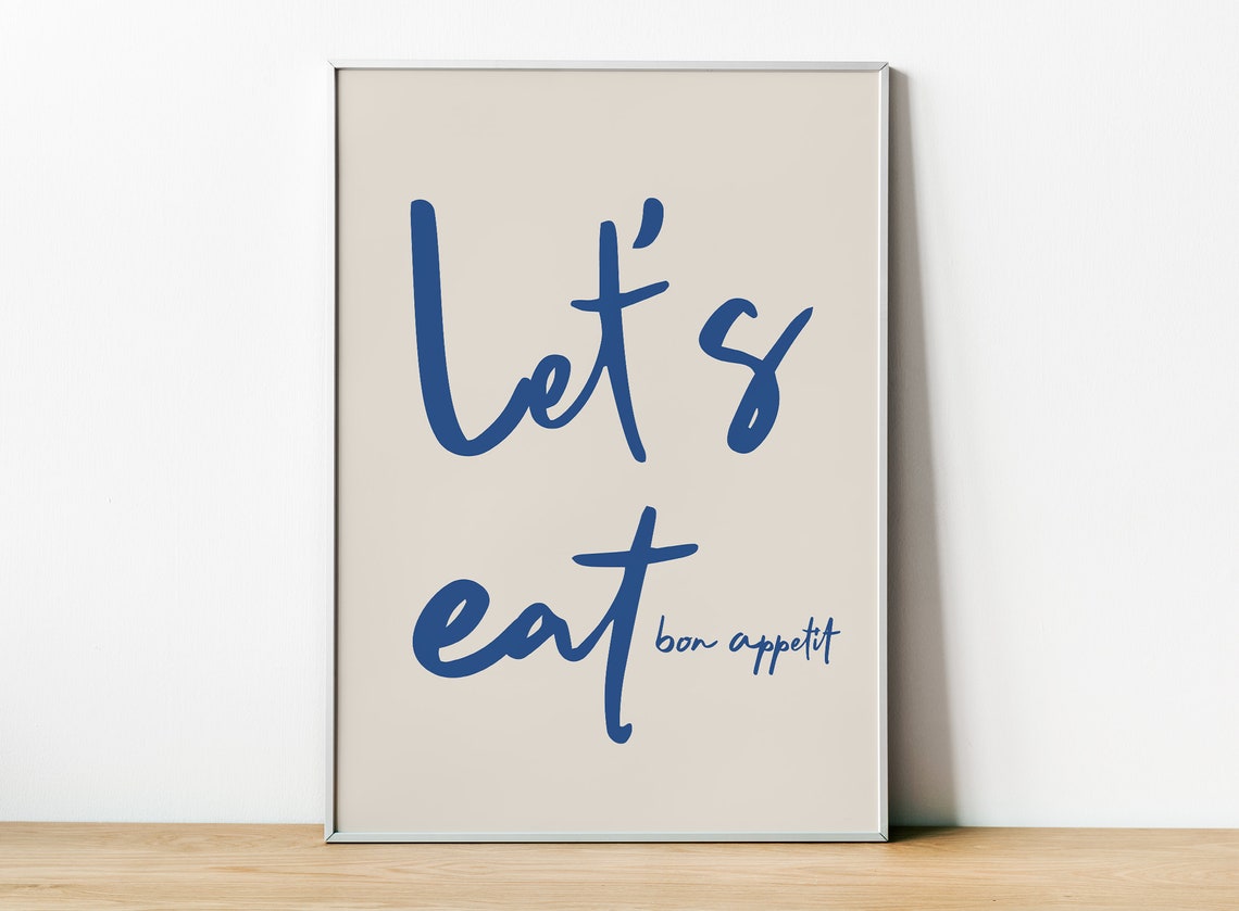 Let's Eat Bon Appetit Blue Script Minimalist Kitchen Dining Poster