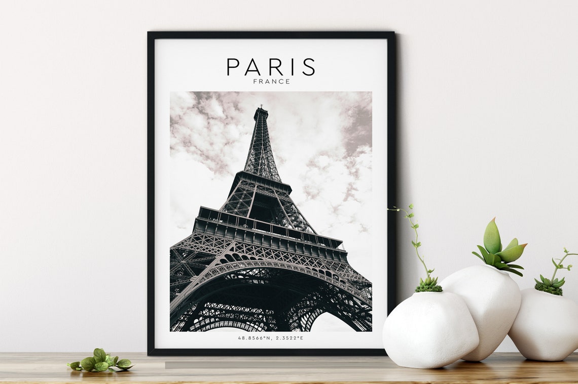 Eiffel Tower Paris Dramatic Low Angle Monochrome Travel Poster