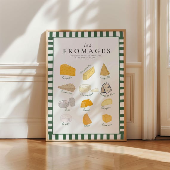 Les Fromages Poster French Cheeses Types Of Cheese Guide Poster Food Illustration Kitchen Art Aesthetic Kitchen Decor Cute Cooking Art