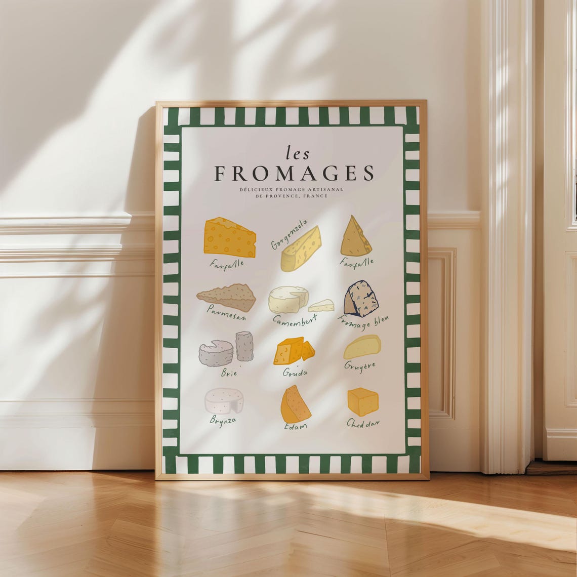 Les Fromages French Cheese Guide Illustration Green Kitchen Poster