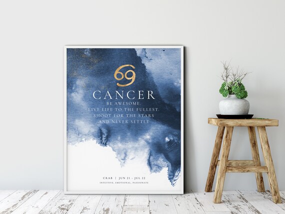 Cancer Zodiac Gold Crab Symbol Blue Watercolor Shoot Stars Quote Print
