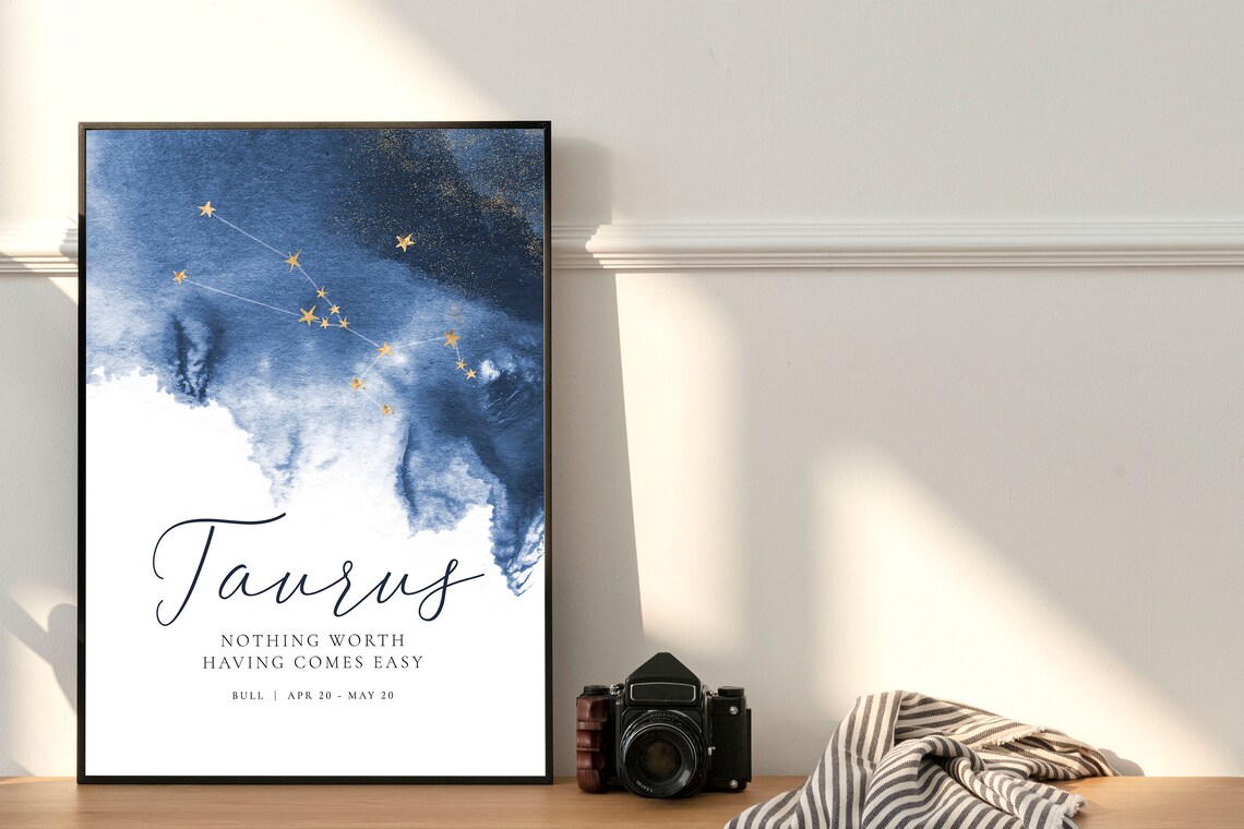 Taurus Zodiac Gold Star Constellation Navy Watercolor Horoscope Poster - Image 4