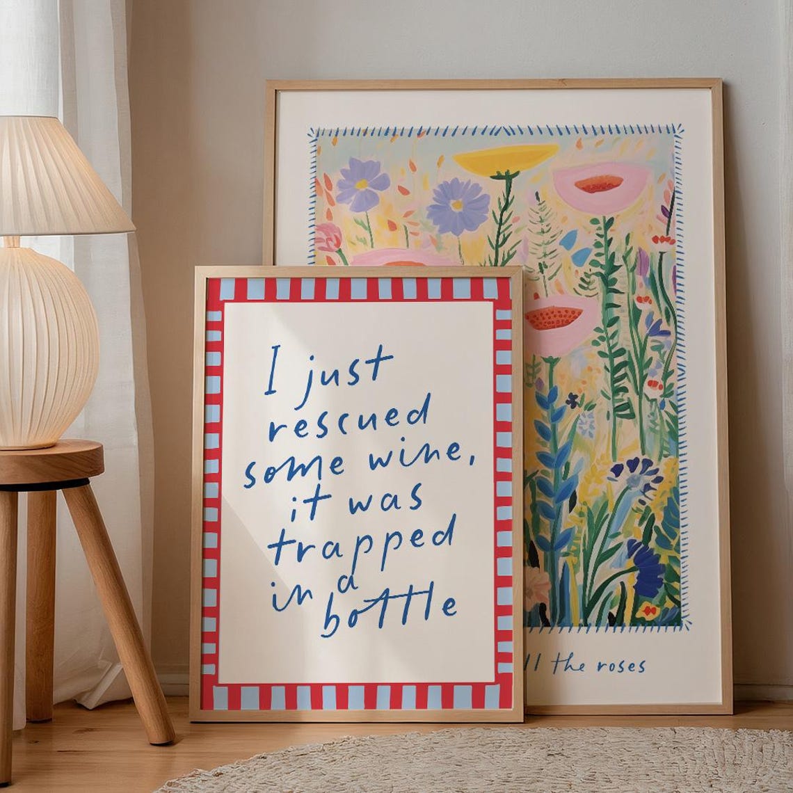 Funny Wine Rescue Quote Blue Handwritten Pink Checkered Kitchen Print - Image 3