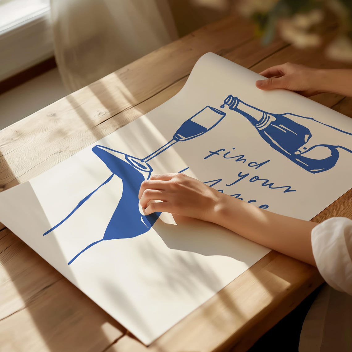 Find Your Balance Wine Pouring Blue Sketch Retro Minimal Wall Poster - Image 4