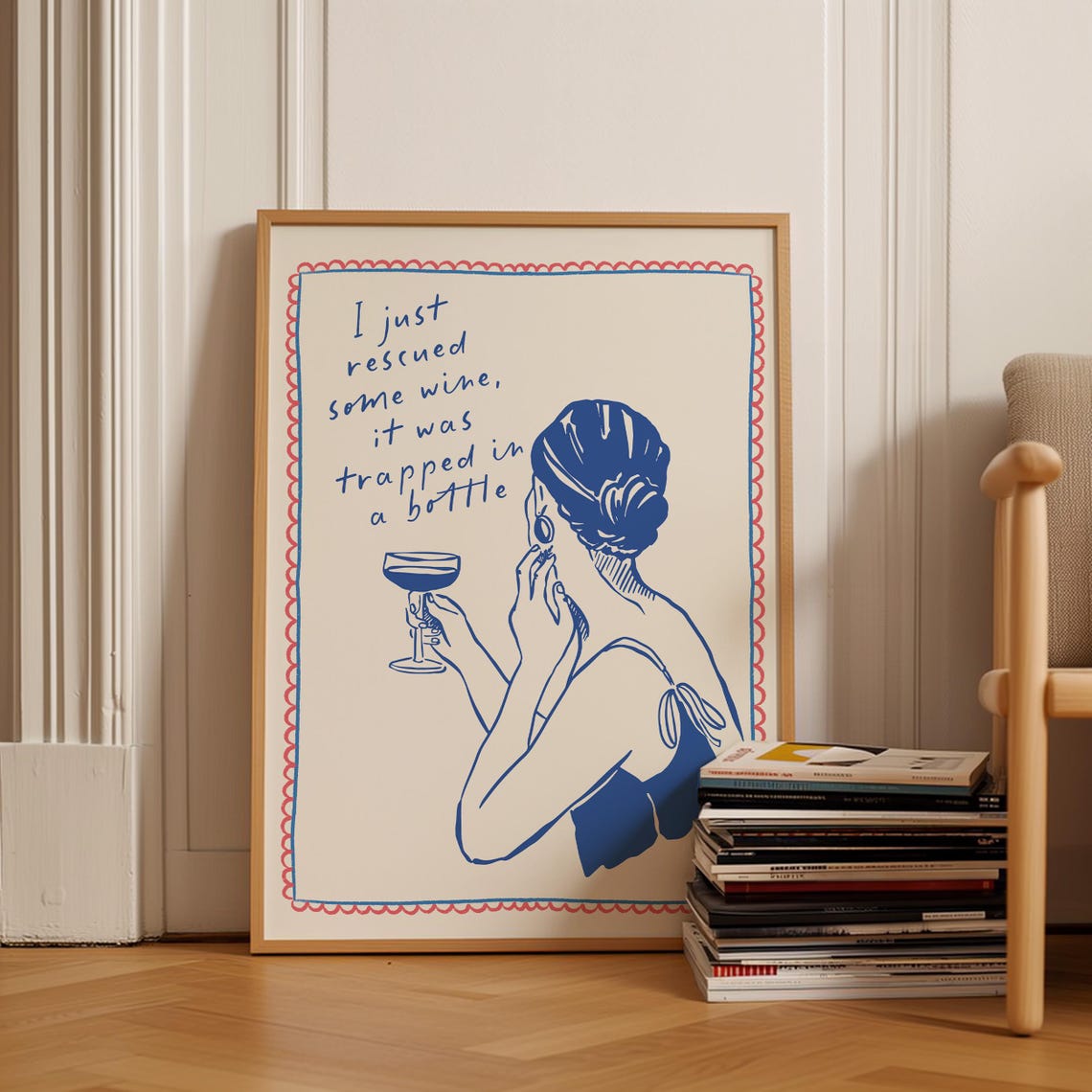 Funny Wine Rescue Quote Blue Line Art Woman Kitchen Wall Art Print - Image 3