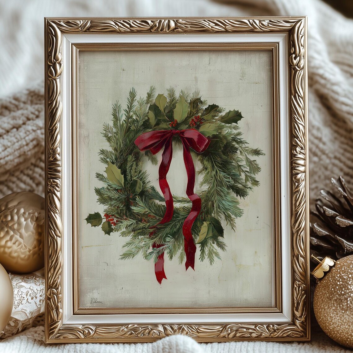 Vintage Christmas Wreath Art Print, Holiday Decor