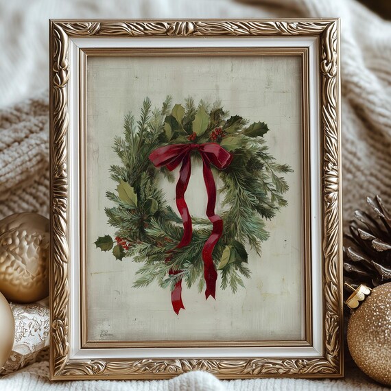 Vintage Christmas Wreath Art Print, Holiday Decor