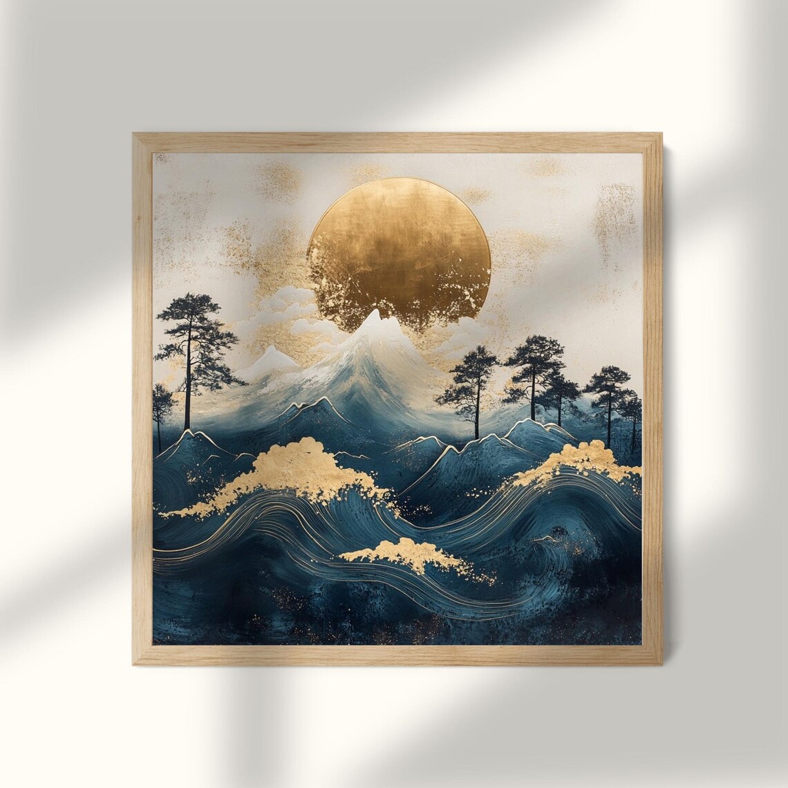 Golden Sun Japanese Mountain Waves Pine Trees Zen Landscape Poster