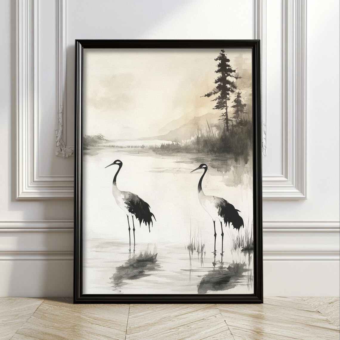 Japanese Cranes Ink Wash Minimalist Misty Lake Birds Art Poster